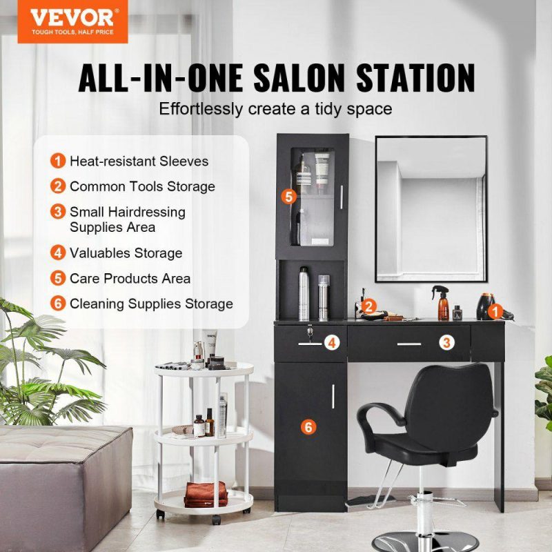 Salon & Spa Equipment |  Salon Workstation, Wall-Mounted Unit for Hair Professionals, Spa Styling Storage Solution, Includes 1 Cabinet, 3 Shelves, and 2 Drawers (One with Lock), in Sleek Black Black Office Supplies Black