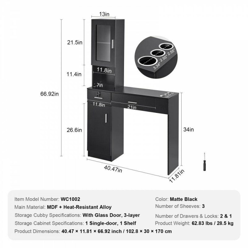 Salon & Spa Equipment |  Salon Workstation, Wall-Mounted Unit for Hair Professionals, Spa Styling Storage Solution, Includes 1 Cabinet, 3 Shelves, and 2 Drawers (One with Lock), in Sleek Black Black Office Supplies Black