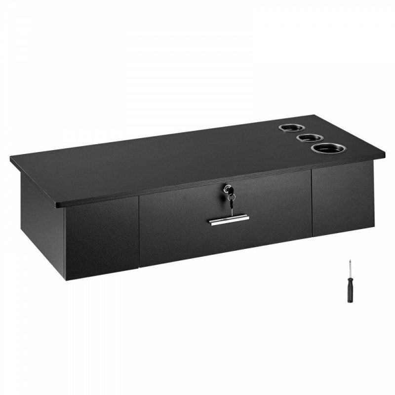 Salon & Spa Equipment |  Wall-Mounted Salon Workstation, Equipped with 3 Holders for Hair Dryers, Secure Drawer with Lock, Ideal for SPA, Hairdressing Salons, Home & Bathroom Use, in Sleek Black Black Office Supplies Black