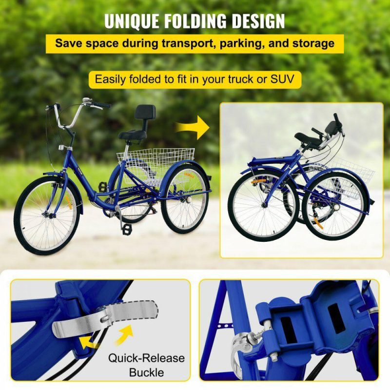 Outdoor Sports |  Tricycle Adult 26’’ Wheels Adult Tricycle 7-Speed 3 Wheel Bikes For Adults Three Wheel Bike For Adults Adult Trike Adult Folding Tricycle Foldable Adult Tricycle 3 Wheel Bike Trike For Adults Blue Outdoor Sports Blue