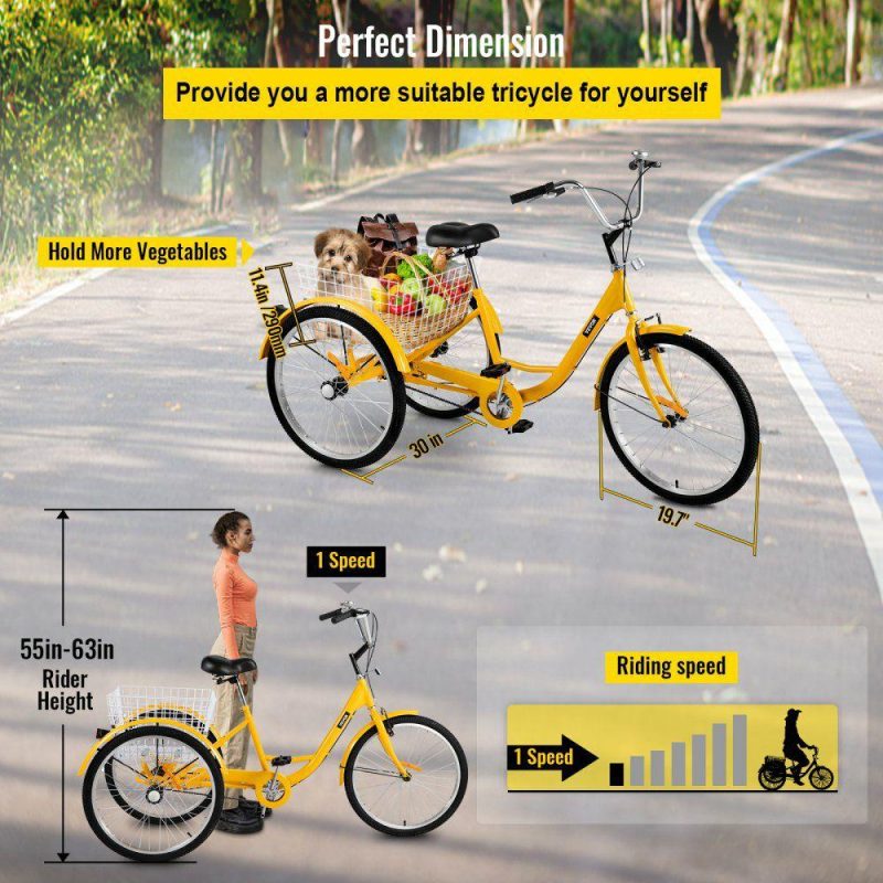 Sports |  Adult Tricycle 20” 1-Speed 3 Wheel Yellow Trike Bike Shopping W/ Lock Bike Office Supplies Sports