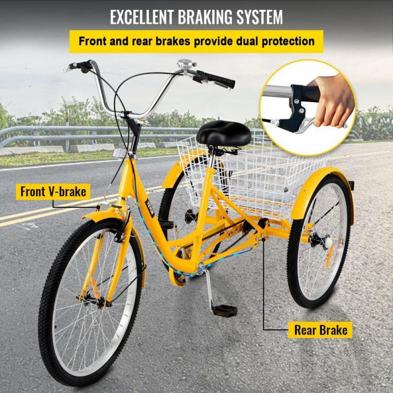 Sports |  Adult Tricycle 20” 1-Speed 3 Wheel Yellow Trike Bike Shopping W/ Lock Bike Office Supplies Sports