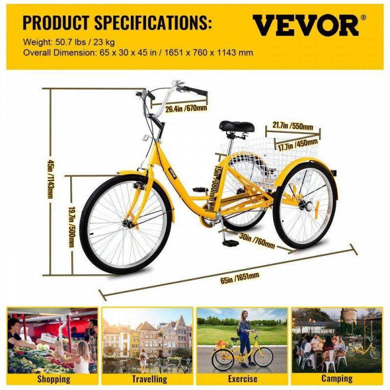 Sports |  Adult Tricycle 20” 1-Speed 3 Wheel Yellow Trike Bike Shopping W/ Lock Bike Office Supplies Sports