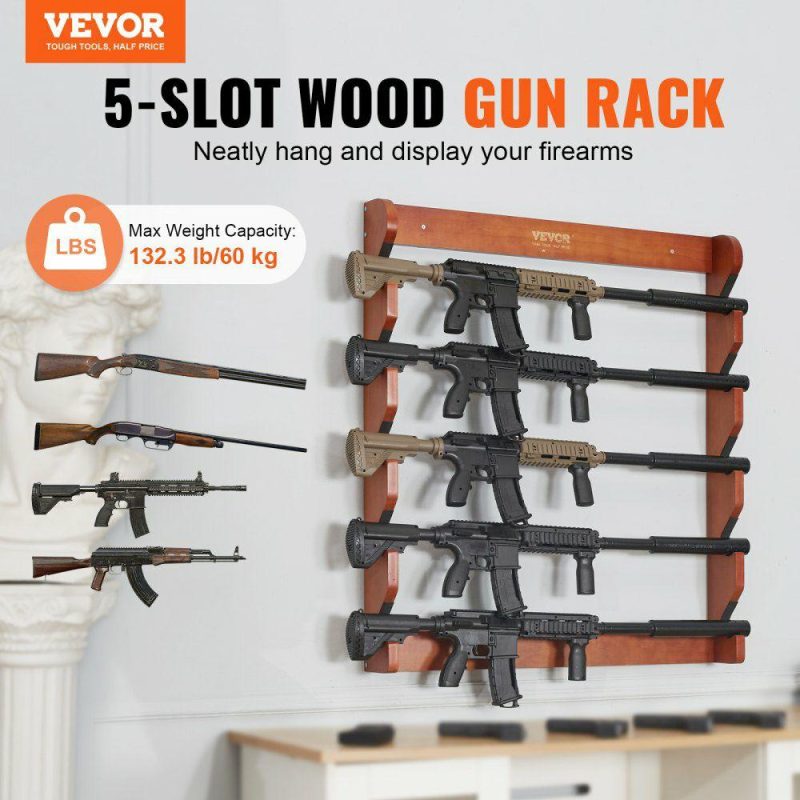 Office Storage Supplies |  Gun Rack, Wood Gun Rack Wall Mount, Gun Display Rack holds 5 Rifles, Shotguns, 132 lb Heavy Duty Wall Storage Display Rifle Rack with Soft Padding Office Supplies Office Storage Supplies