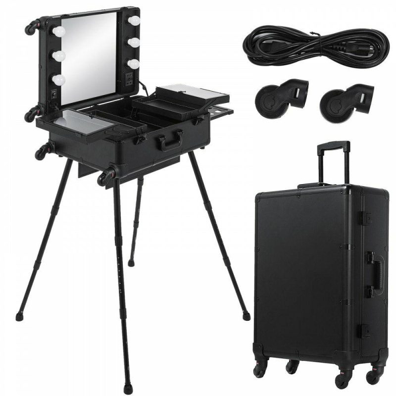 Salon & Spa Equipment |  Rolling Makeup Case 28″x21″x54″ with LED Light Mirror Adjustable Legs Lockable Train Table Studio Artist Cosmetic Office Supplies Salon & Spa Equipment