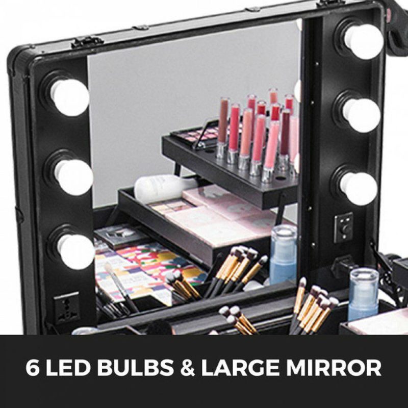 Salon & Spa Equipment |  Rolling Makeup Case 28″x21″x54″ with LED Light Mirror Adjustable Legs Lockable Train Table Studio Artist Cosmetic Office Supplies Salon & Spa Equipment