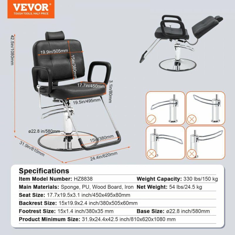 Salon & Spa Equipment |  Salon Chair, Hydraulic Recliner Barber Chair for Hair Stylist, 360 Degrees Swivel 90°-125° Reclining Salon Chair for Beauty Spa Shampoo, Max Load Weight 330 lbs, Black Office Supplies Salon & Spa Equipment